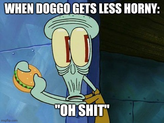 Oh shit Squidward | WHEN DOGGO GETS LESS HORNY: "OH SHIT" | image tagged in oh shit squidward | made w/ Imgflip meme maker