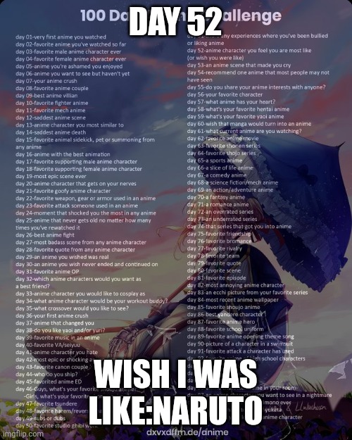 100 day anime challenge | DAY 52; WISH I WAS LIKE:NARUTO | image tagged in 100 day anime challenge | made w/ Imgflip meme maker