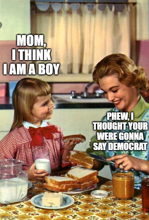 Conservative Relief | MOM, I THINK I AM A BOY; PHEW, I THOUGHT YOUR WERE GONNA SAY DEMOCRAT | image tagged in vintage mom and daughter | made w/ Imgflip meme maker