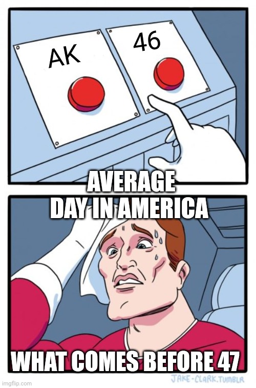 Two Buttons Meme | 46; AK; AVERAGE DAY IN AMERICA; WHAT COMES BEFORE 47 | image tagged in memes,two buttons | made w/ Imgflip meme maker