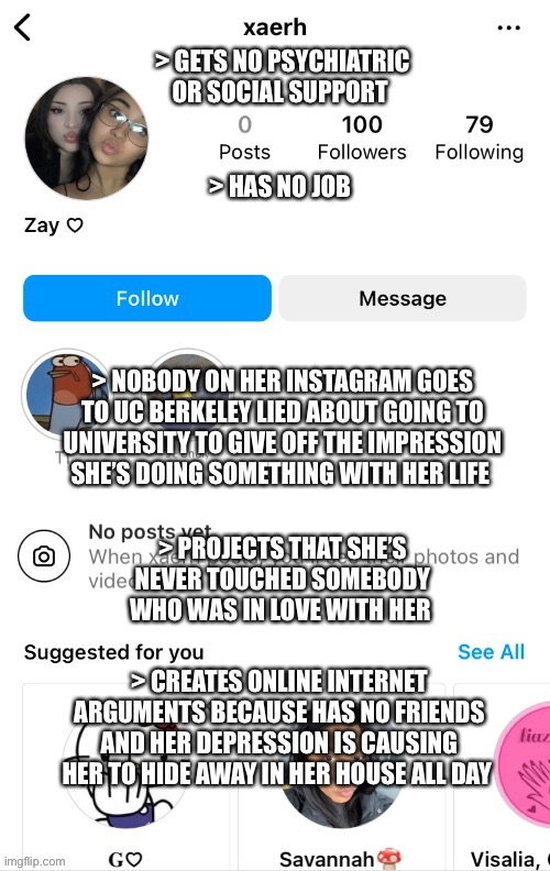 Zay Lopez Xaerh Has No Friends And Has Never Been Touched By Someone Who Loves Her | image tagged in ugly girl,depression,virgin,loser,liar,lmao | made w/ Imgflip meme maker