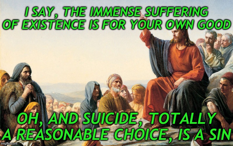 Nothing qualifies all the suffering here | I SAY, THE IMMENSE SUFFERING OF EXISTENCE IS FOR YOUR OWN GOOD; OH, AND SUICIDE, TOTALLY A REASONABLE CHOICE, IS A SIN | image tagged in jesus teaching | made w/ Imgflip meme maker