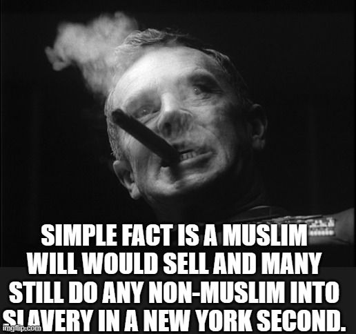 General Ripper (Dr. Strangelove) | SIMPLE FACT IS A MUSLIM WILL WOULD SELL AND MANY STILL DO ANY NON-MUSLIM INTO SLAVERY IN A NEW YORK SECOND. | image tagged in general ripper dr strangelove | made w/ Imgflip meme maker
