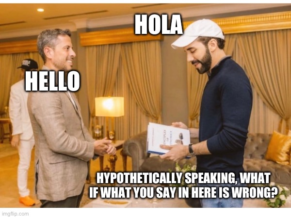 HOLA; HELLO; HYPOTHETICALLY SPEAKING, WHAT IF WHAT YOU SAY IN HERE IS WRONG? | made w/ Imgflip meme maker