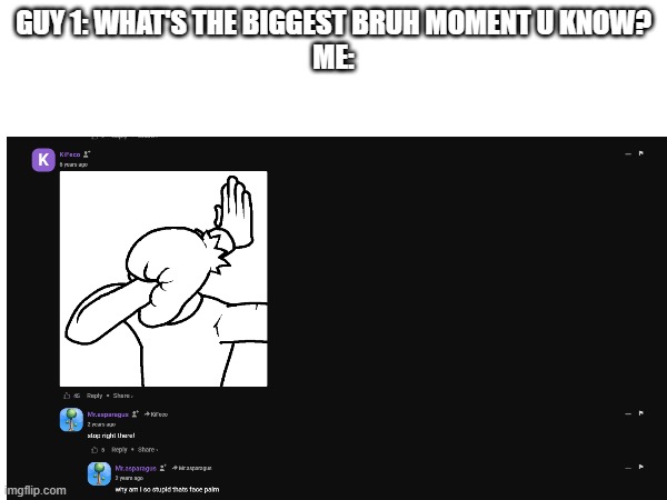 GUY 1: WHAT'S THE BIGGEST BRUH MOMENT U KNOW?
ME: | image tagged in bruh,bruh moment | made w/ Imgflip meme maker