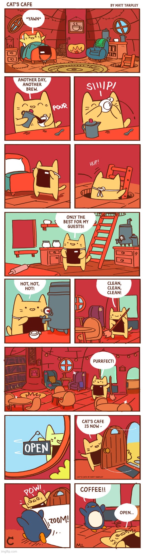 The first cat’s cafe comic! | image tagged in cat,cafe,penguin | made w/ Imgflip meme maker