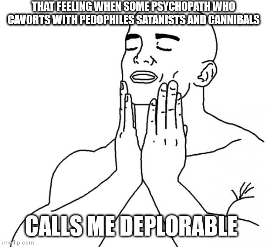 Feels Good Man | THAT FEELING WHEN SOME PSYCHOPATH WHO CAVORTS WITH PEDOPHILES SATANISTS AND CANNIBALS; CALLS ME DEPLORABLE | image tagged in feels good man | made w/ Imgflip meme maker