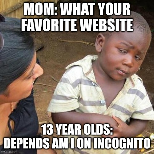 Third World Skeptical Kid | MOM: WHAT YOUR FAVORITE WEBSITE; 13 YEAR OLDS: DEPENDS AM I ON INCOGNITO | image tagged in memes,third world skeptical kid | made w/ Imgflip meme maker
