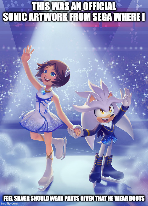 Official Sonic Skating Artwork | THIS WAS AN OFFICIAL SONIC ARTWORK FROM SEGA WHERE I; FEEL SILVER SHOULD WEAR PANTS GIVEN THAT HE WEAR BOOTS | image tagged in skating,silver the hedgehog,sonic the hedgehog,memes | made w/ Imgflip meme maker