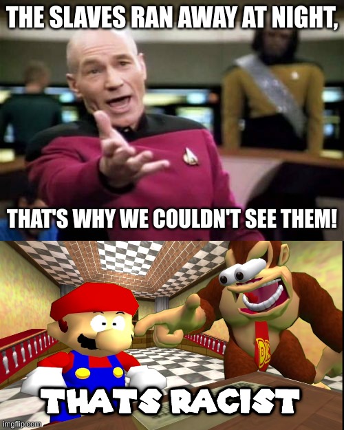 I MUST take over the DARK humor stream. | THE SLAVES RAN AWAY AT NIGHT, THAT'S WHY WE COULDN'T SEE THEM! | image tagged in memes,picard wtf,dk says that's racist | made w/ Imgflip meme maker