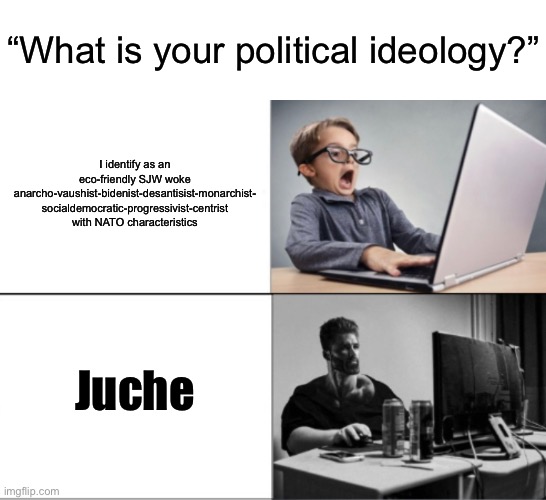 For reasons the Central Intelligence Agency has put out, this legally is a joke | “What is your political ideology?”; I identify as an eco-friendly SJW woke anarcho-vaushist-bidenist-desantisist-monarchist- socialdemocratic-progressivist-centrist with NATO characteristics; Juche | image tagged in nerd vs chad | made w/ Imgflip meme maker