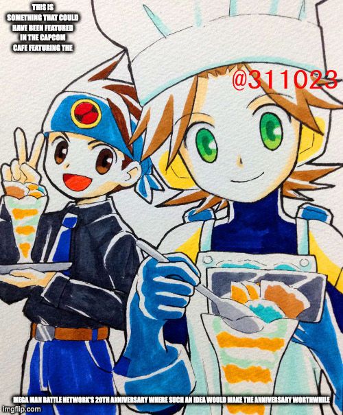 Bakery-Themed Battle Network Artwork | THIS IS SOMETHING THAT COULD HAVE BEEN FEATURED IN THE CAPCOM CAFE FEATURING THE; MEGA MAN BATTLE NETWORK'S 20TH ANNIVERSARY WHERE SUCH AN IDEA WOULD MAKE THE ANNIVERSARY WORTHWHILE | image tagged in megaman,megaman battle network,lan hikari,megamanexe,memes | made w/ Imgflip meme maker
