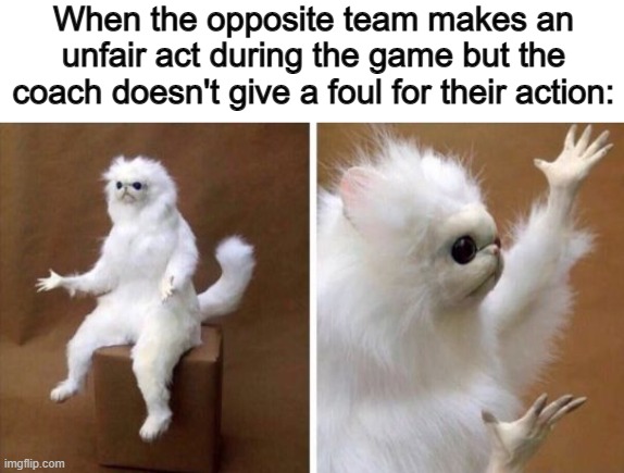 This is frustrating tbh :/ | When the opposite team makes an unfair act during the game but the coach doesn't give a foul for their action: | image tagged in wtf cat | made w/ Imgflip meme maker