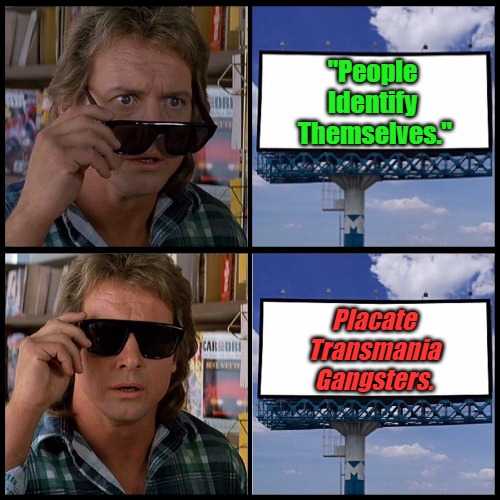 Translating Trickery #9 | "People 
Identify 
Themselves."; Placate 
Transmania 
Gangsters. | image tagged in john nada sunglasses billboard,transmania,nature,translating trickery,reality,transgenderism | made w/ Imgflip meme maker