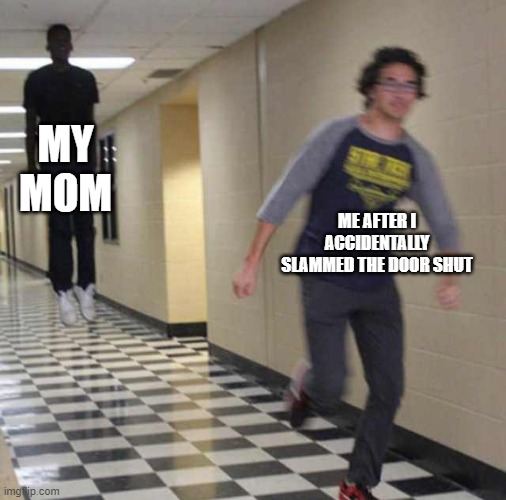 you have not lived if this has never happened to you before | MY MOM; ME AFTER I ACCIDENTALLY SLAMMED THE DOOR SHUT | image tagged in floating boy chasing running boy | made w/ Imgflip meme maker