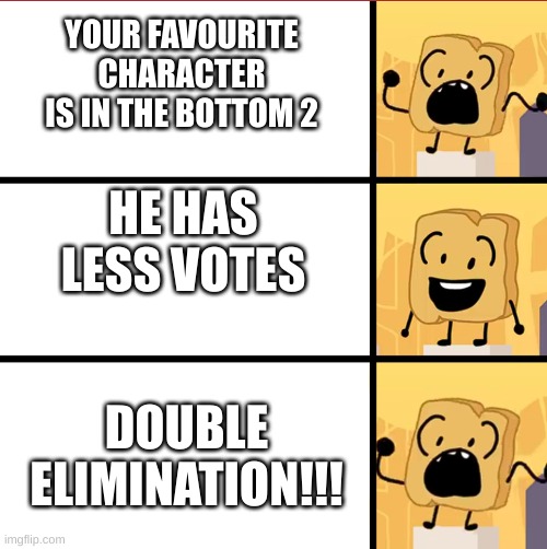 bfdi woody meme template | YOUR FAVOURITE CHARACTER IS IN THE BOTTOM 2; HE HAS LESS VOTES; DOUBLE ELIMINATION!!! | image tagged in bfdi woody meme template | made w/ Imgflip meme maker