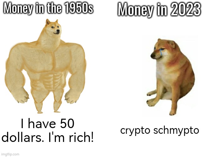 Blame it on Bitcoin | Money in the 1950s; Money in 2023; I have 50 dollars. I'm rich! crypto schmypto | image tagged in memes,buff doge vs cheems | made w/ Imgflip meme maker