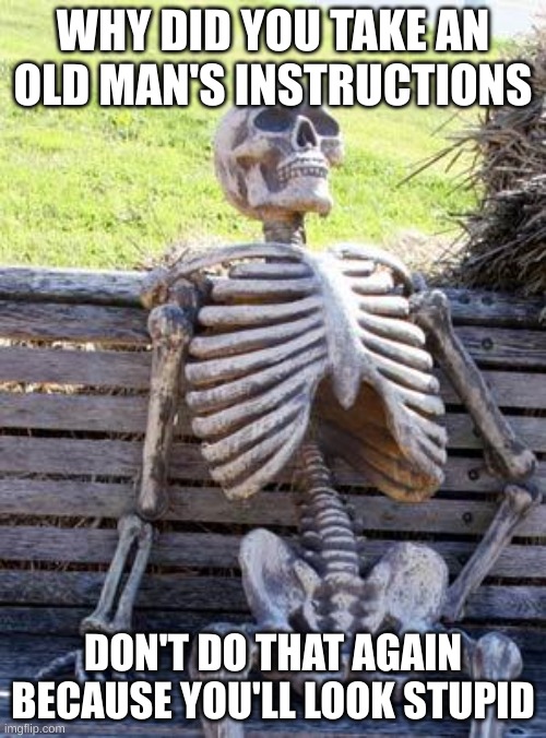 This is the wisdom, follow it | WHY DID YOU TAKE AN OLD MAN'S INSTRUCTIONS; DON'T DO THAT AGAIN BECAUSE YOU'LL LOOK STUPID | image tagged in memes,waiting skeleton,funny,laughing | made w/ Imgflip meme maker