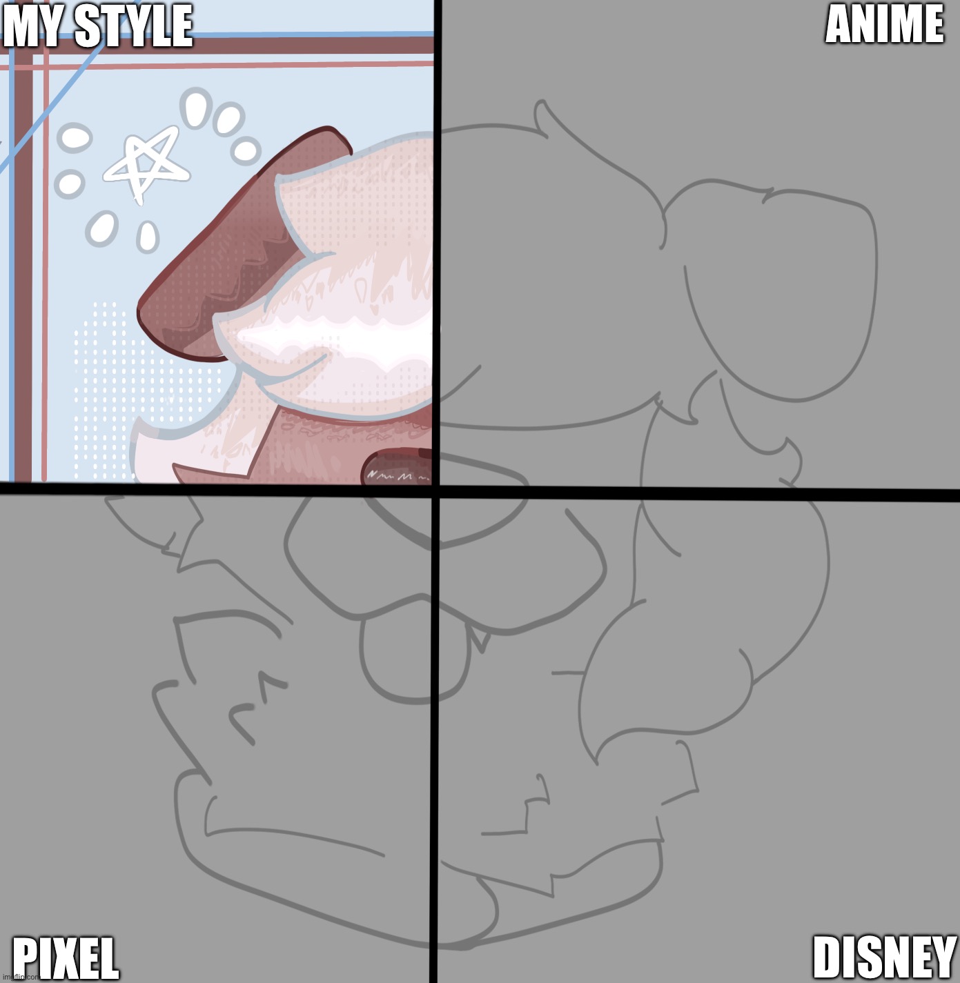 Trying the v goofy ah art challenge(?) comment which half to do next -whichever has the most comments of wins- | MY STYLE; ANIME; DISNEY; PIXEL | made w/ Imgflip meme maker