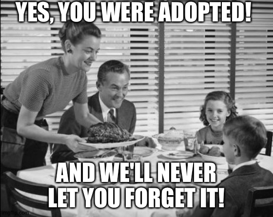 1950s family | YES, YOU WERE ADOPTED! AND WE'LL NEVER LET YOU FORGET IT! | image tagged in 1950s family | made w/ Imgflip meme maker