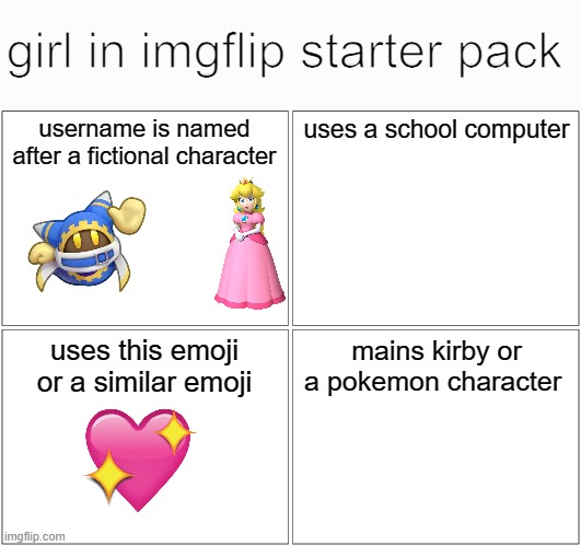 Blank Comic Panel 2x2 | girl in imgflip starter pack; username is named after a fictional character; uses a school computer; uses this emoji or a similar emoji; mains kirby or a pokemon character | image tagged in memes,blank comic panel 2x2 | made w/ Imgflip meme maker