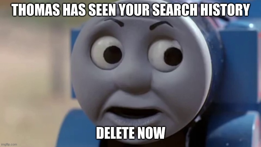Thomas O Face | THOMAS HAS SEEN YOUR SEARCH HISTORY; DELETE NOW | image tagged in thomas o face | made w/ Imgflip meme maker