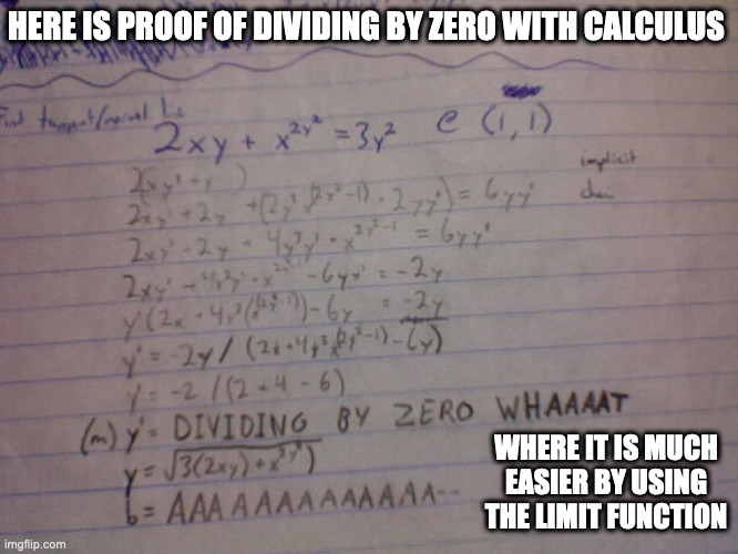 Dividing By Zero With Calculus | HERE IS PROOF OF DIVIDING BY ZERO WITH CALCULUS; WHERE IT IS MUCH EASIER BY USING THE LIMIT FUNCTION | image tagged in calculus,math,memes | made w/ Imgflip meme maker