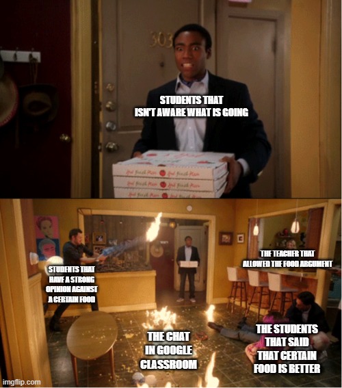 When there is a disagreement between which food is better in class | STUDENTS THAT ISN'T AWARE WHAT IS GOING; THE TEACHER THAT ALLOWED THE FOOD ARGUMENT; STUDENTS THAT HAVE A STRONG OPINION AGAINST A CERTAIN FOOD; THE STUDENTS THAT SAID THAT CERTAIN FOOD IS BETTER; THE CHAT IN GOOGLE CLASSROOM | image tagged in community fire pizza meme | made w/ Imgflip meme maker