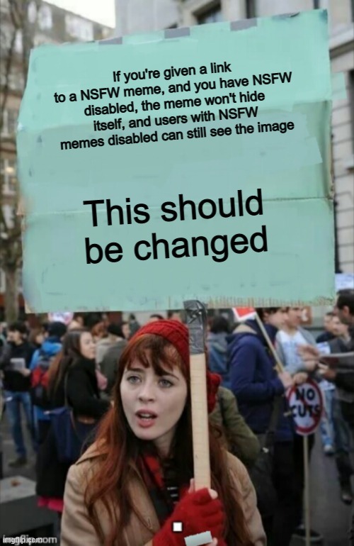This should be fixed up quick :P | If you're given a link to a NSFW meme, and you have NSFW disabled, the meme won't hide itself, and users with NSFW memes disabled can still see the image; This should be changed | image tagged in protestor | made w/ Imgflip meme maker