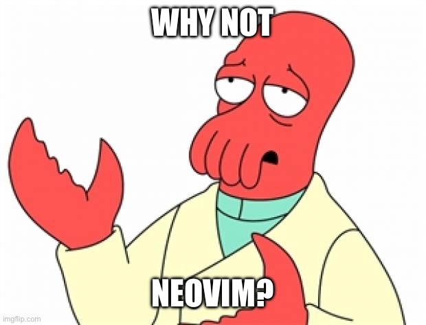 Why not Zoidberg | WHY NOT; NEOVIM? | image tagged in why not zoidberg | made w/ Imgflip meme maker