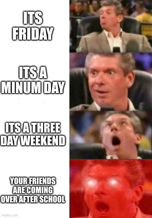 Happy Friday Everyone! : ) | ITS FRIDAY; ITS A MINUM DAY; ITS A THREE DAY WEEKEND; YOUR FRIENDS ARE COMING OVER AFTER SCHOOL | image tagged in mr mcmahon reaction | made w/ Imgflip meme maker