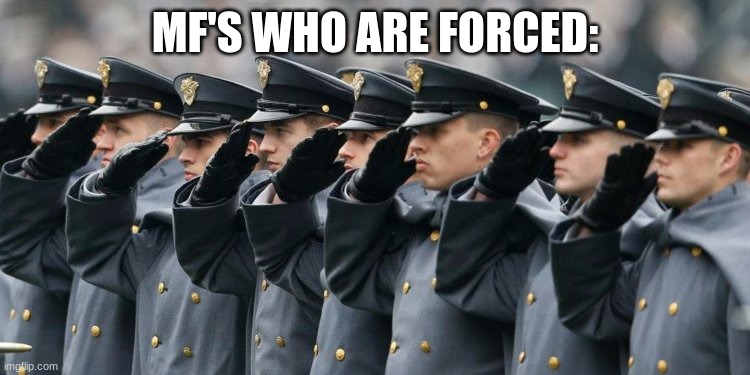 Military Salute | MF'S WHO ARE FORCED: | image tagged in military salute | made w/ Imgflip meme maker