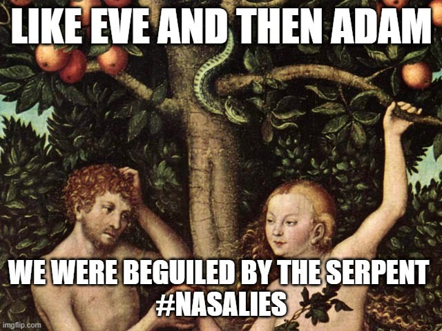adam and eve | LIKE EVE AND THEN ADAM; WE WERE BEGUILED BY THE SERPENT 

#NASALIES | image tagged in adam and eve | made w/ Imgflip meme maker