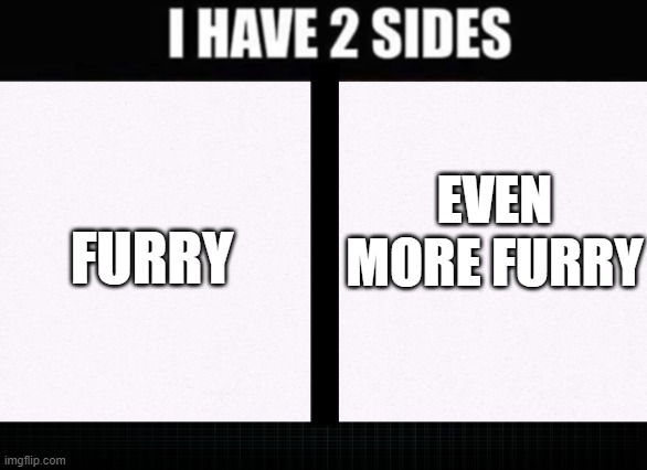 title | EVEN MORE FURRY; FURRY | image tagged in i have two sides | made w/ Imgflip meme maker