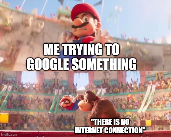 Donkey kong grabbing Mario | ME TRYING TO GOOGLE SOMETHING; "THERE IS NO INTERNET CONNECTION" | image tagged in donkey kong grabbing mario,memes,mario,donkey kong | made w/ Imgflip meme maker