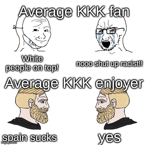 Crying Wojak / I Know Chad Meme | Average KKK fan; White people on top! nooo shut up racist!! Average KKK enjoyer; yes; spain sucks | image tagged in crying wojak / i know chad meme | made w/ Imgflip meme maker
