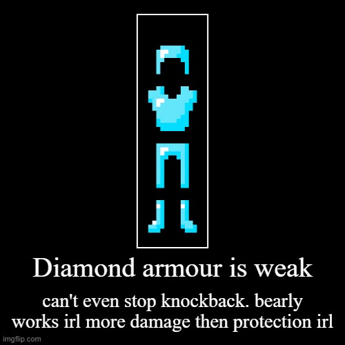 Diamond armour is weak | can't even stop knockback. bearly works irl more damage then protection irl | image tagged in funny,demotivationals | made w/ Imgflip demotivational maker