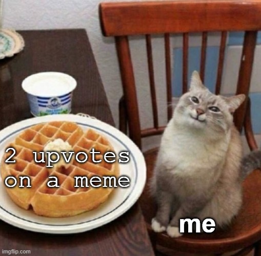 Yeah!!!!!! | 2 upvotes on a meme; me | image tagged in cat likes their waffle | made w/ Imgflip meme maker