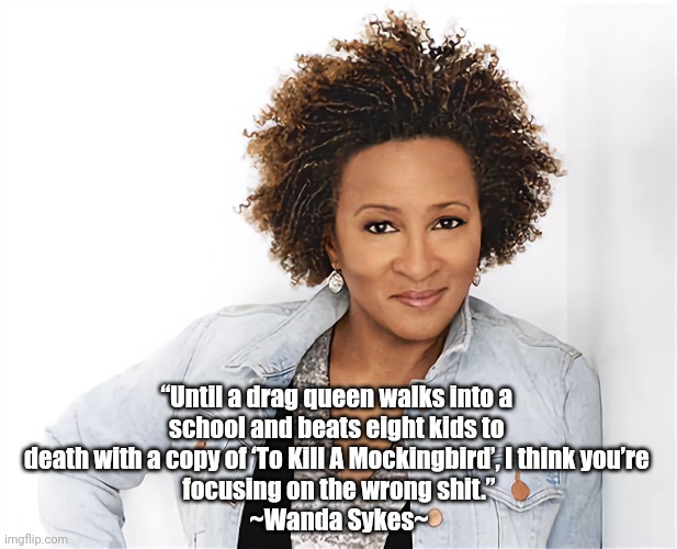 Book Banning! | “Until a drag queen walks into a 
school and beats eight kids to 
death with a copy of ‘To Kill A Mockingbird’, I think you’re 
focusing on the wrong shit.”
~Wanda Sykes~ | image tagged in censorship,guns,school shootings | made w/ Imgflip meme maker