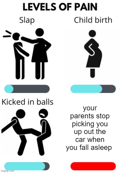 its doesn't physically hurt it mentally hurts | your parents stop picking you up out the car when you fall asleep | image tagged in levels of pain | made w/ Imgflip meme maker