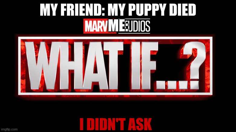Marvel Studios What If..? we kissed | MY FRIEND: MY PUPPY DIED
ME:; I DIDN'T ASK | image tagged in marvel studios what if we kissed | made w/ Imgflip meme maker