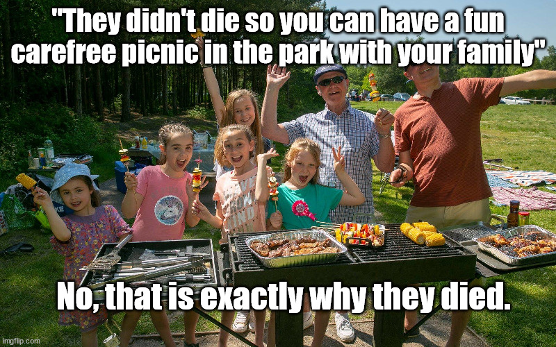 Memorial Day | "They didn't die so you can have a fun carefree picnic in the park with your family"; No, that is exactly why they died. | image tagged in memorial day,fun | made w/ Imgflip meme maker