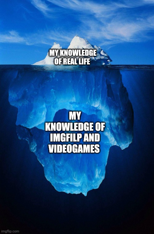 And this Is not only me i think... | MY KNOWLEDGE OF REAL LIFE; MY KNOWLEDGE OF IMGFILP AND VIDEOGAMES | image tagged in iceberg,knowledge,video games,imgflip,memes,front page plz | made w/ Imgflip meme maker