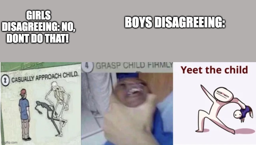 sweedish yeeters:     YËËT | GIRLS DISAGREEING: NO, DONT DO THAT! BOYS DISAGREEING: | image tagged in casually approach child grasp child firmly yeet the child | made w/ Imgflip meme maker