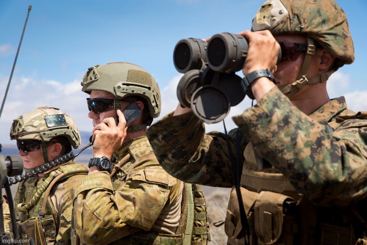 USMC Australian Army Soldiers Radio binoculars lookout | image tagged in usmc australian army soldiers radio binoculars lookout | made w/ Imgflip meme maker