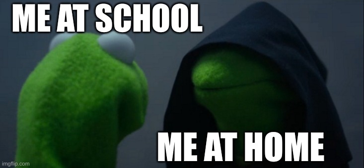 lol im not the perfect little angel... | ME AT SCHOOL; ME AT HOME | image tagged in memes,evil kermit | made w/ Imgflip meme maker