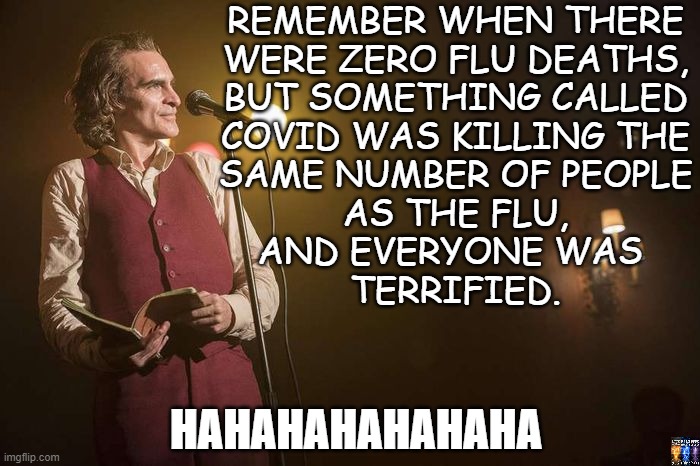 covid flu | REMEMBER WHEN THERE
WERE ZERO FLU DEATHS,
BUT SOMETHING CALLED
COVID WAS KILLING THE
SAME NUMBER OF PEOPLE
AS THE FLU,
AND EVERYONE WAS 
TERRIFIED. HAHAHAHAHAHAHA | image tagged in joker stand up | made w/ Imgflip meme maker