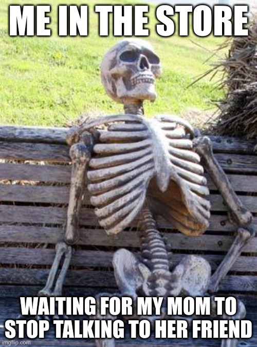 mom takes too long with her friend part 5000 | ME IN THE STORE; WAITING FOR MY MOM TO STOP TALKING TO HER FRIEND | image tagged in memes,waiting skeleton | made w/ Imgflip meme maker