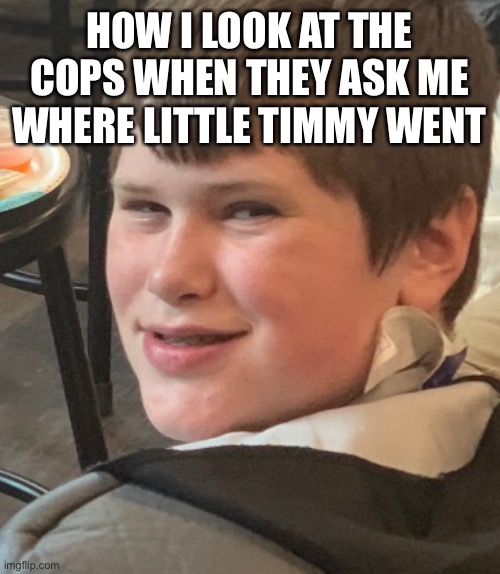 Devious boy | HOW I LOOK AT THE COPS WHEN THEY ASK ME WHERE LITTLE TIMMY WENT | image tagged in devious boy | made w/ Imgflip meme maker
