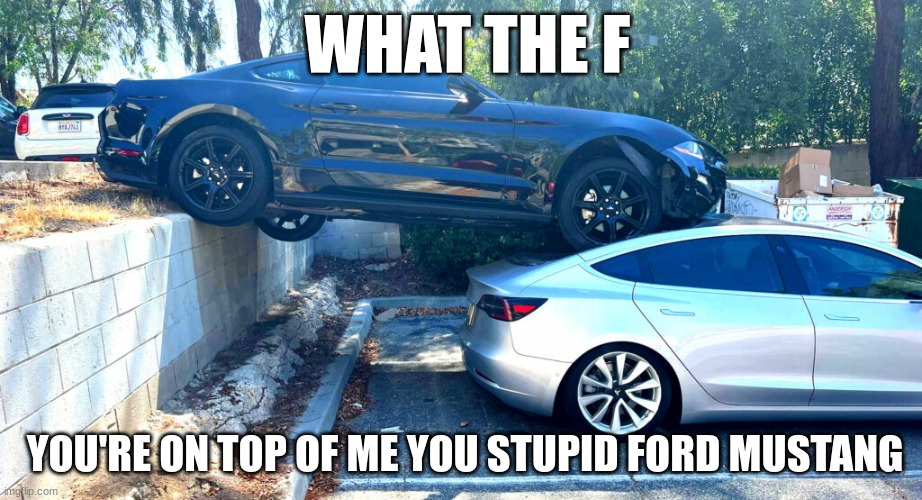 Ford Mustang ends up on top of Tesla | WHAT THE F; YOU'RE ON TOP OF ME YOU STUPID FORD MUSTANG | image tagged in what the hell happened here,goofball ford mustang | made w/ Imgflip meme maker